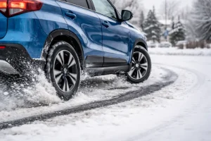 Suzuki Vitara з системою ALLGRIP повертає на засніженій дорозі в передмісті, фокус на колеса та зчеплення